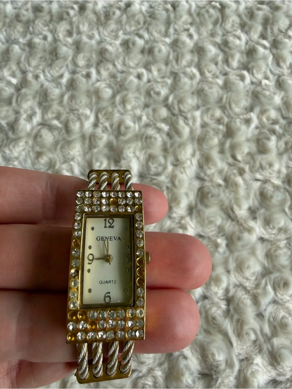 Geneva Gold-tone Crystal-Accented Rectangular Bracelet Watch